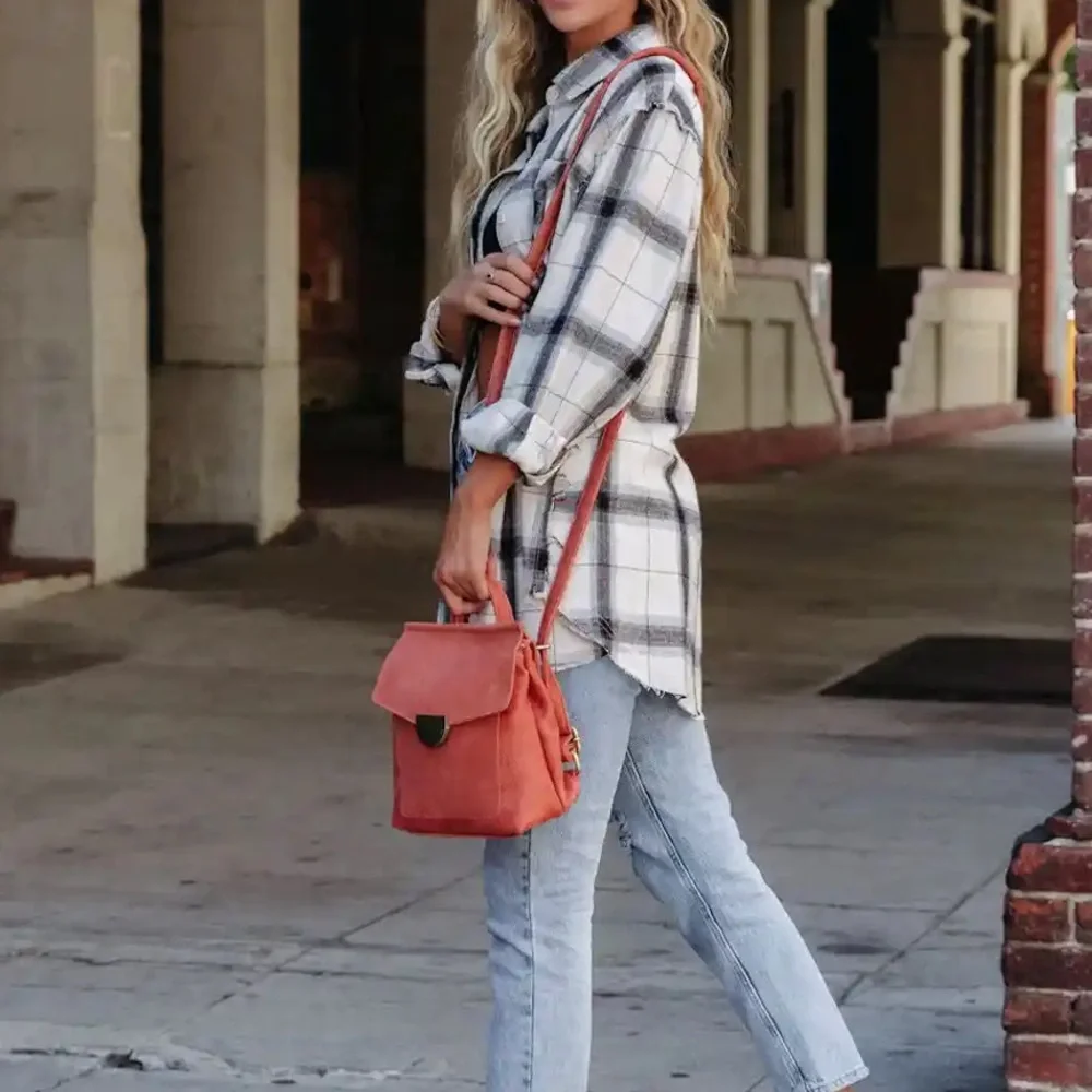 La Miel Frayed Plaid Button Down Oversized Flannel Top Shirt White Combo - Picture 5 of 9